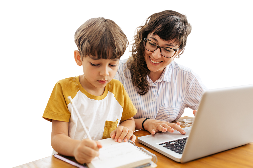 mother and son working together on laptop